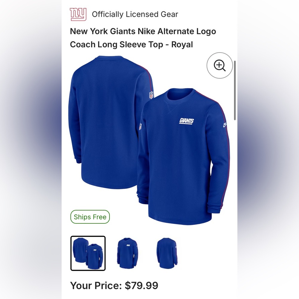 NY Giants New Lg Nike Sideline Coach Dri-FIT, NFL shield, Contrast stitching